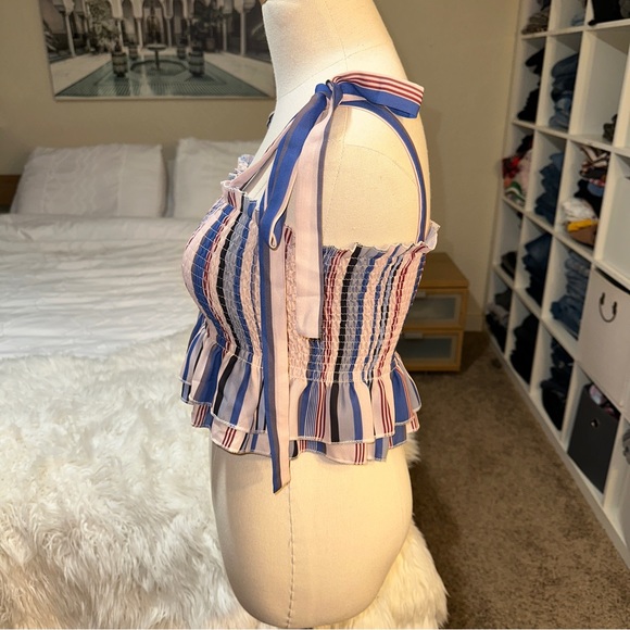 Kyerivs | NWOT Striped Ruffled Smocked Peplum Crop Top Tie Shoulder Straps - Picture 3 of 10